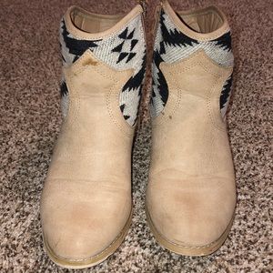 tan booties. worn alot. some wear spots